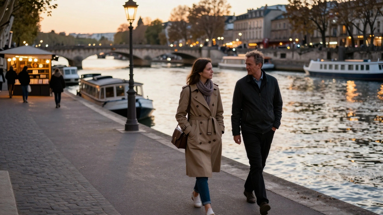 A man and woman walking peacefully along the Seine at sunset, absorbed in quiet conversation.