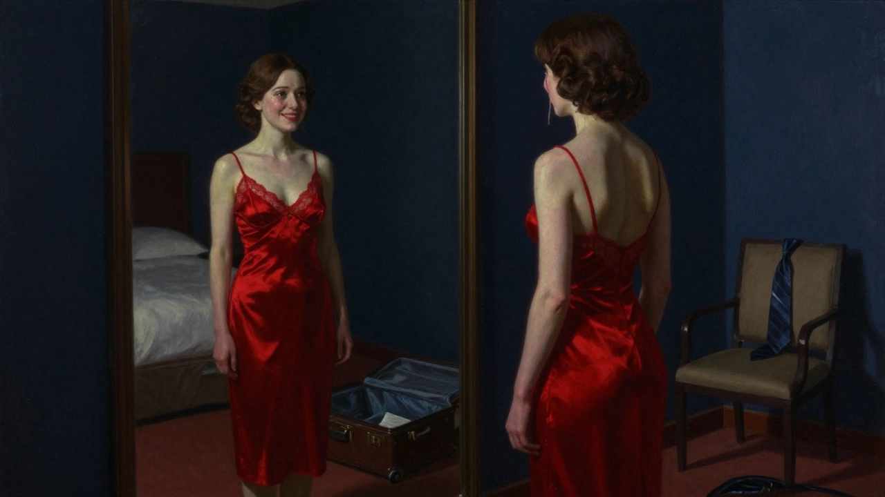 A woman in a red silk dress stares at her reflection in a hotel room mirror, two versions of herself showing inner conflict.