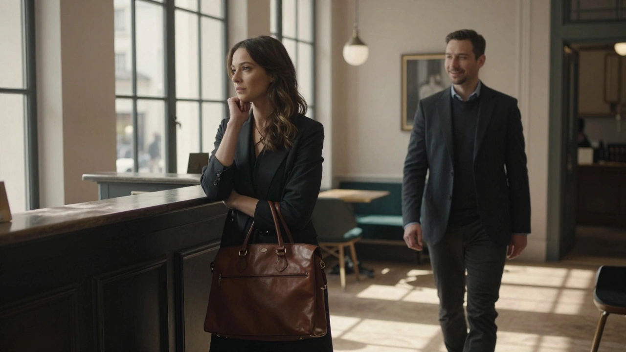 A woman waiting respectfully in a boutique Paris hotel lobby, dressed elegantly, awaiting a client.