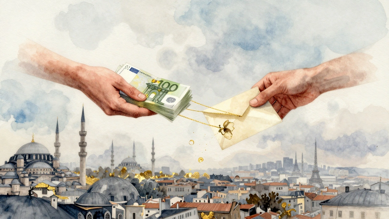 Two hands exchange money and a flower, connected by fading golden threads above a blended Istanbul-Paris skyline.